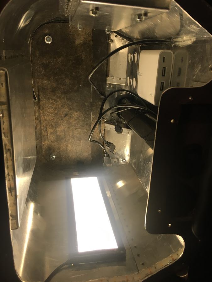 Power: Battery bank, USB lines and the light panel, wired in.